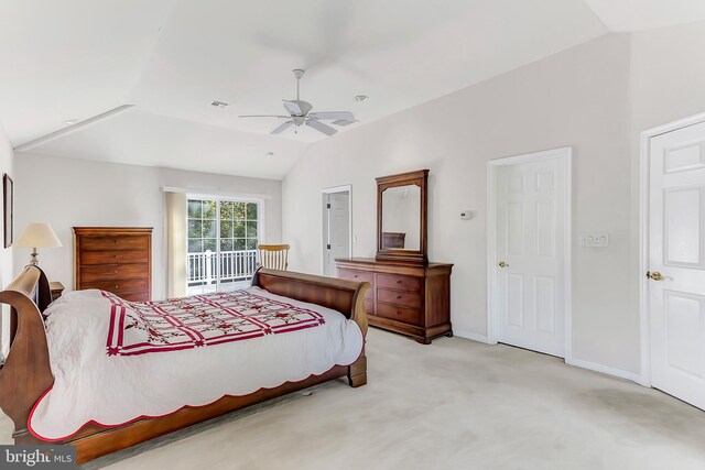 carpeted bedroom with lofted ceiling and ceiling fan