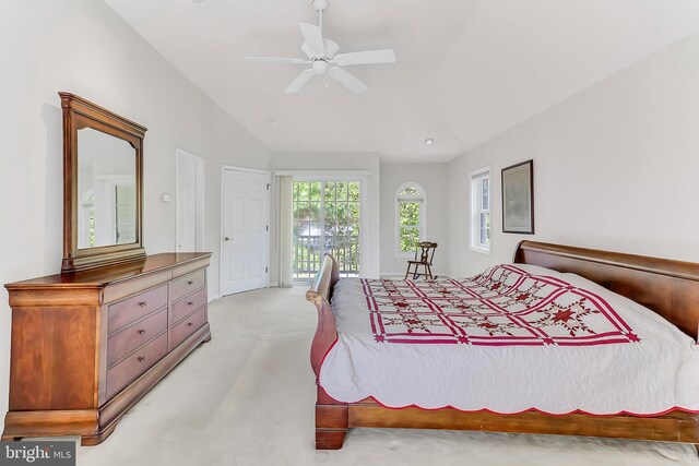 carpeted bedroom with lofted ceiling, access to outside, and ceiling fan