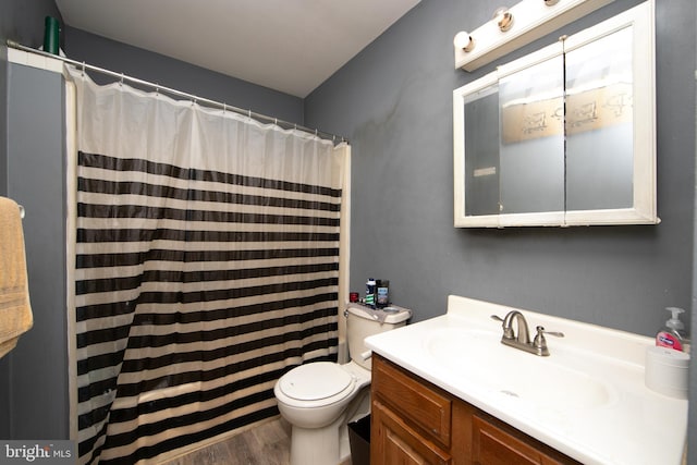 bathroom featuring vanity, toilet, wood-type flooring, and curtained shower