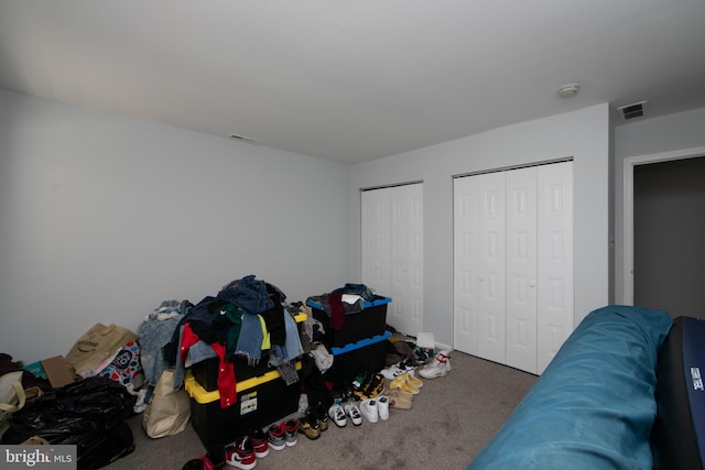 bedroom with carpet and multiple closets