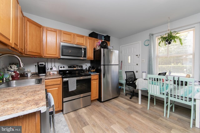 kitchen featuring light wood-type flooring, stainless steel appliances, and sink