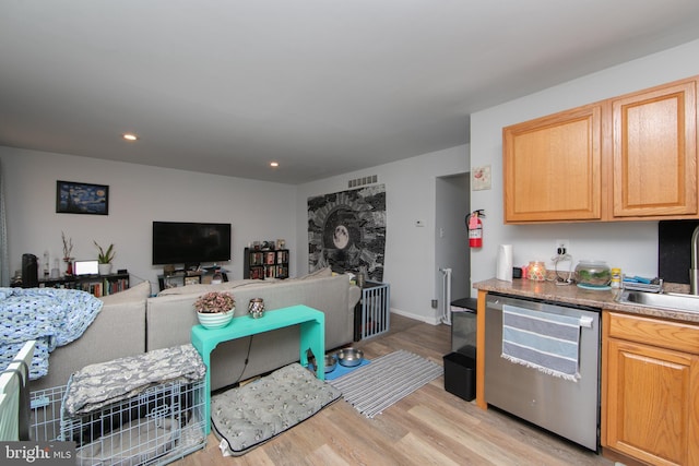 interior space with dishwasher, sink, and light hardwood / wood-style flooring