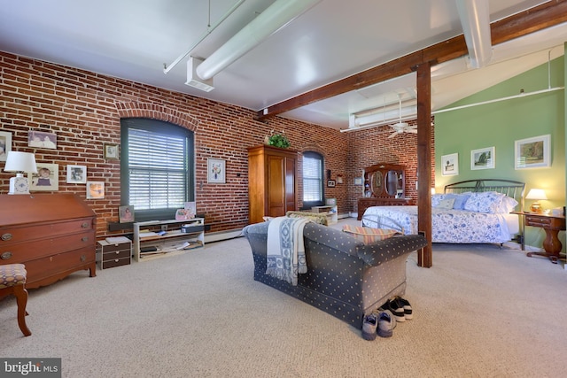 carpeted bedroom with vaulted ceiling with beams, brick wall, and a baseboard radiator