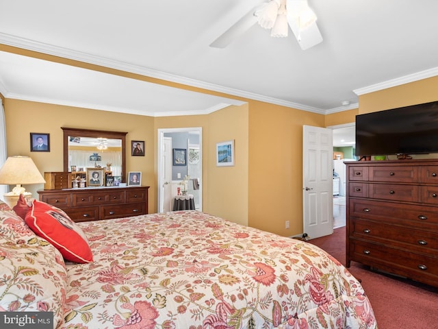 carpeted bedroom featuring ornamental molding and ceiling fan