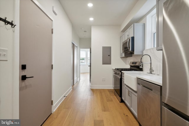 kitchen featuring light hardwood / wood-style flooring, appliances with stainless steel finishes, gray cabinets, and electric panel