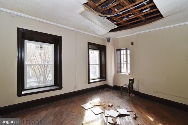 unfurnished room featuring wood-type flooring and ornamental molding