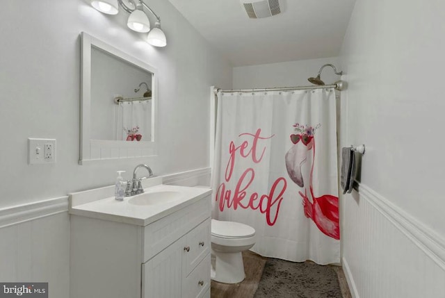 bathroom featuring toilet, vanity, and wood-type flooring