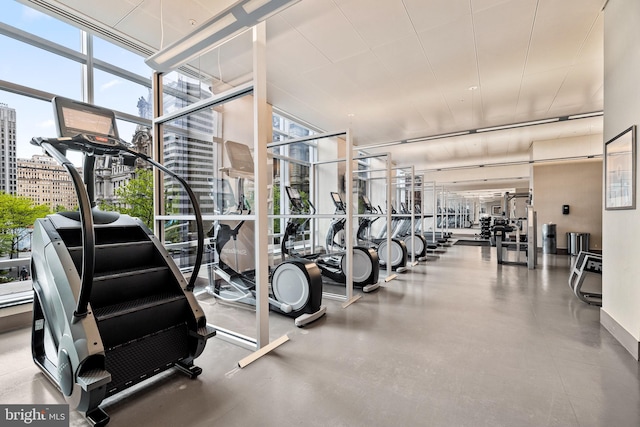 exercise room with floor to ceiling windows