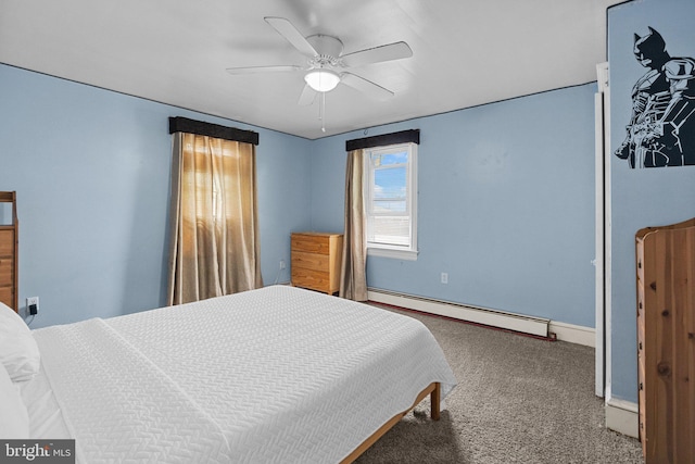 bedroom featuring a baseboard heating unit, ceiling fan, and carpet flooring