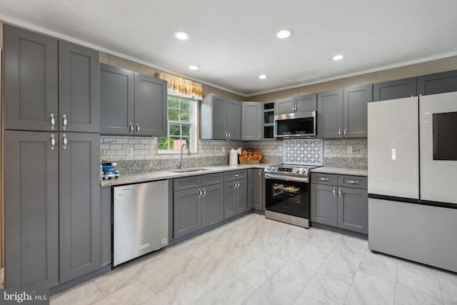 kitchen with a sink, ornamental molding, appliances with stainless steel finishes, decorative backsplash, and open shelves