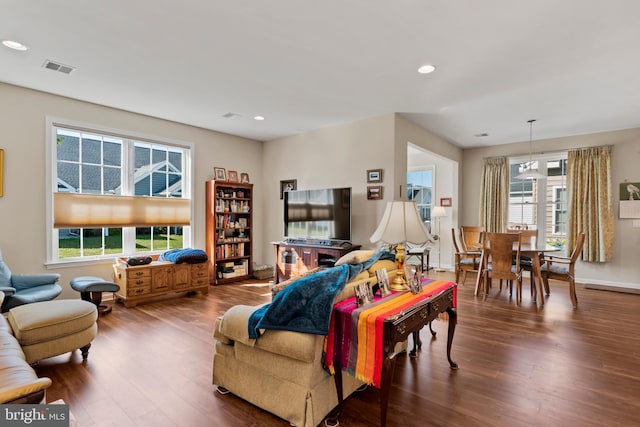 living room with hardwood / wood-style floors and a healthy amount of sunlight