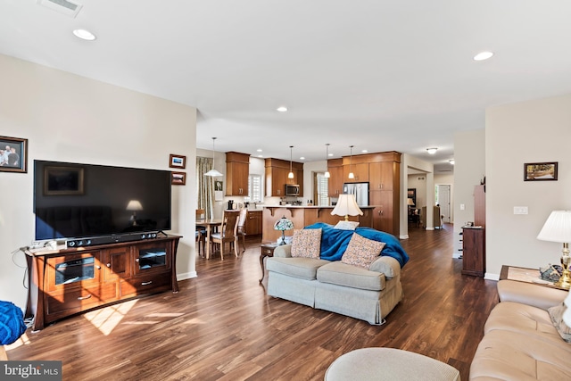 living room with dark hardwood / wood-style flooring