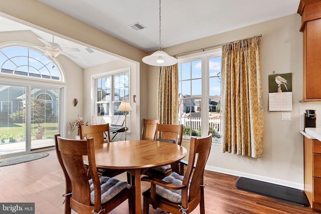 dining room featuring ceiling fan, lofted ceiling, and wood-type flooring