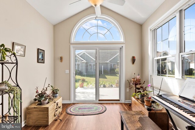 doorway featuring hardwood / wood-style flooring, lofted ceiling, and ceiling fan