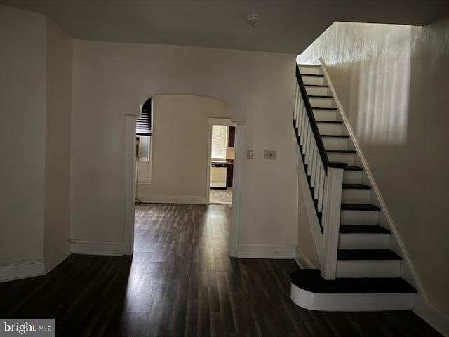 staircase with hardwood / wood-style flooring