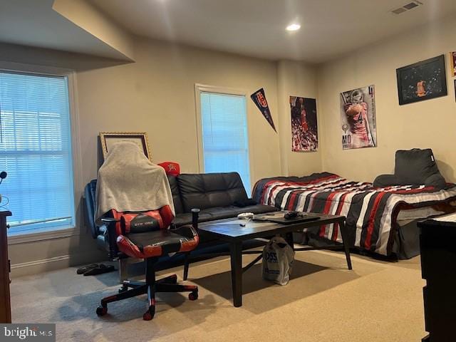 bedroom featuring recessed lighting, visible vents, baseboards, and carpet flooring