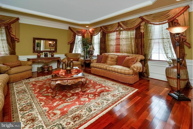 sitting room with dark wood-type flooring and ornamental molding