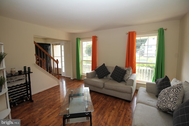 living room featuring dark wood-type flooring