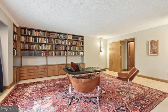 sitting room with a textured ceiling