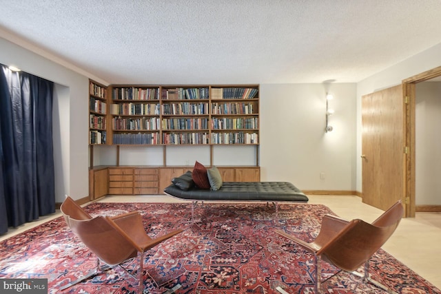 sitting room featuring a textured ceiling and light colored carpet