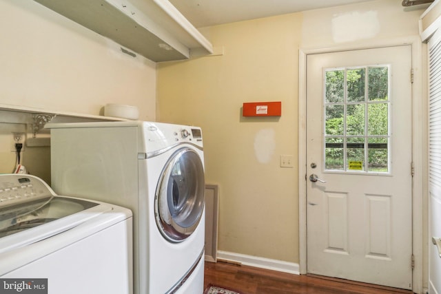 laundry area with washer and dryer and wood-type flooring