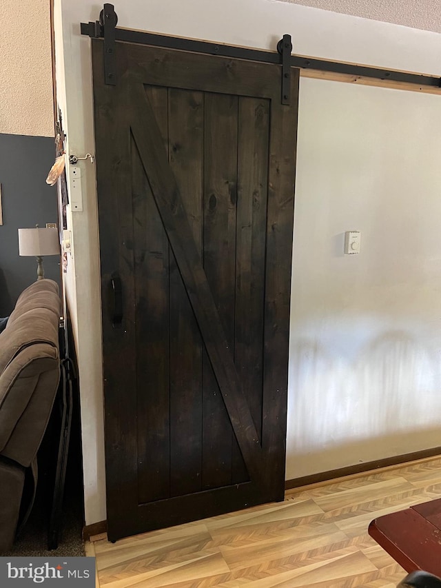 details featuring hardwood / wood-style floors and a barn door