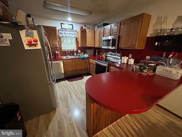 kitchen with kitchen peninsula, light hardwood / wood-style flooring, stainless steel appliances, and sink