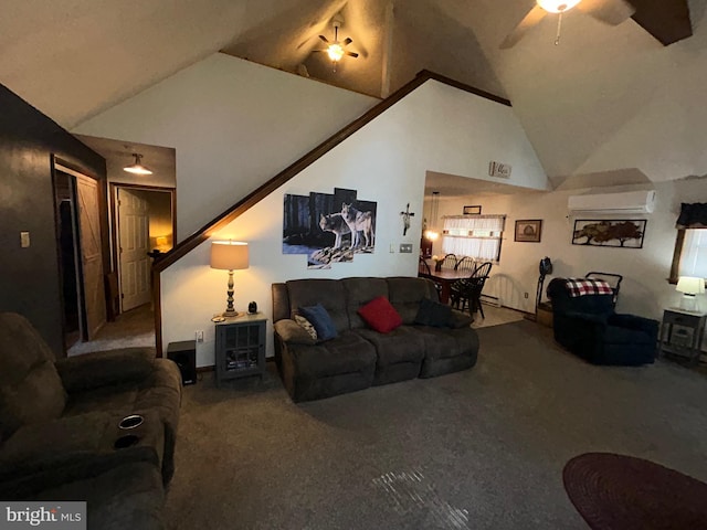 carpeted living room with high vaulted ceiling, a wood stove, a wall mounted AC, and ceiling fan