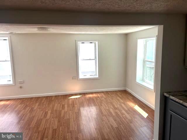 unfurnished dining area with light wood-type flooring, a textured ceiling, and a healthy amount of sunlight