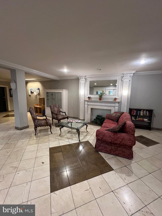 living area featuring crown molding, decorative columns, recessed lighting, and baseboards