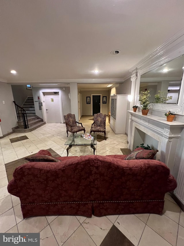 living room featuring stairway, recessed lighting, and crown molding