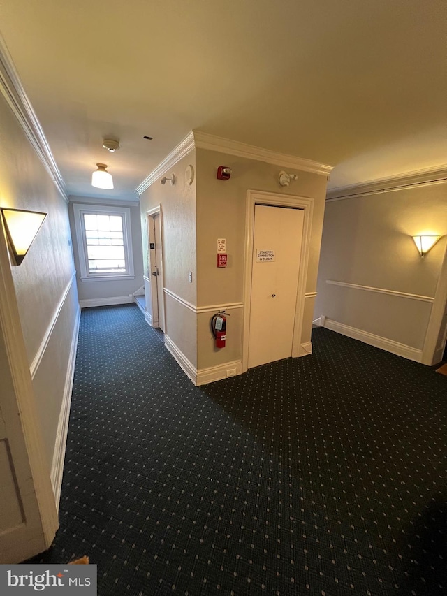 hallway featuring crown molding, baseboards, and carpet floors