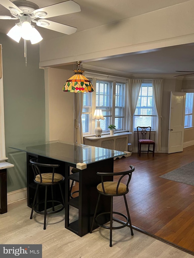 dining room with light wood-style flooring, crown molding, baseboards, and ceiling fan