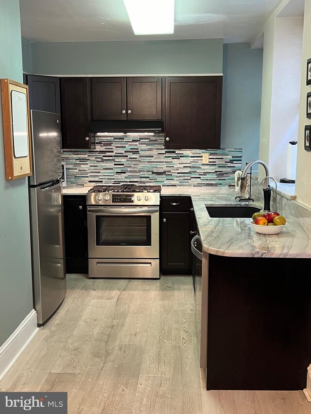 kitchen featuring light wood-type flooring, a sink, ventilation hood, stainless steel appliances, and decorative backsplash