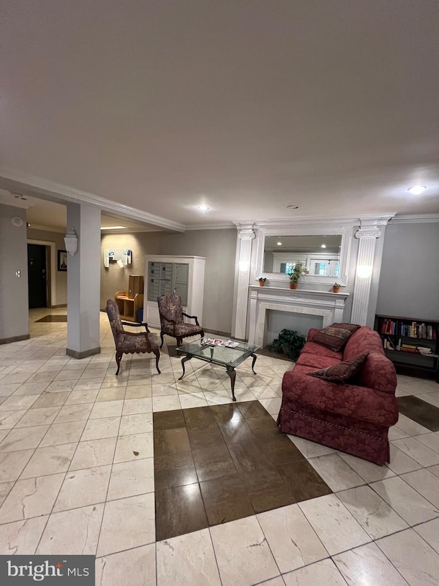 living room featuring ornamental molding