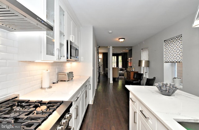 kitchen featuring dark hardwood / wood-style floors, range hood, appliances with stainless steel finishes, white cabinetry, and light stone counters