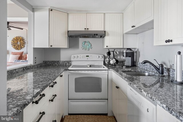 kitchen with under cabinet range hood, electric range, a sink, white cabinets, and dishwasher