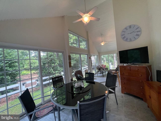 interior space featuring high vaulted ceiling and ceiling fan