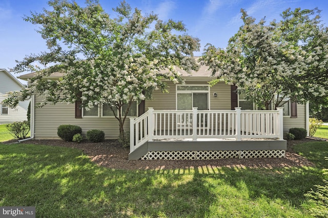 view of front of home with a front lawn and a wooden deck