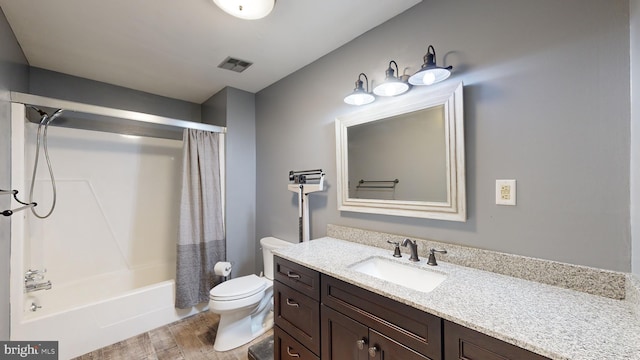 full bathroom featuring shower / bath combo, toilet, vanity, and wood-type flooring