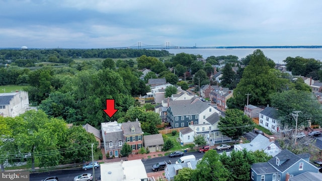 drone / aerial view featuring a water view