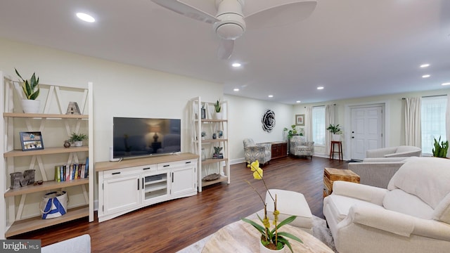 living room featuring ceiling fan and dark hardwood / wood-style floors