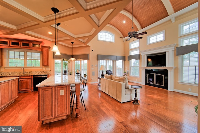 kitchen featuring black dishwasher, decorative light fixtures, a fireplace, open floor plan, and light stone countertops