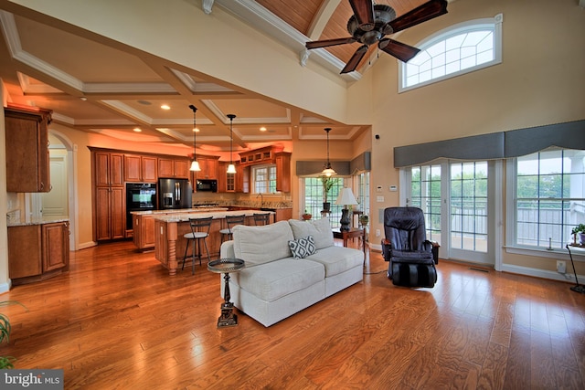 living room with a wealth of natural light, baseboards, dark wood finished floors, and beam ceiling