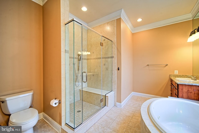 bathroom with a stall shower, baseboards, toilet, ornamental molding, and vanity