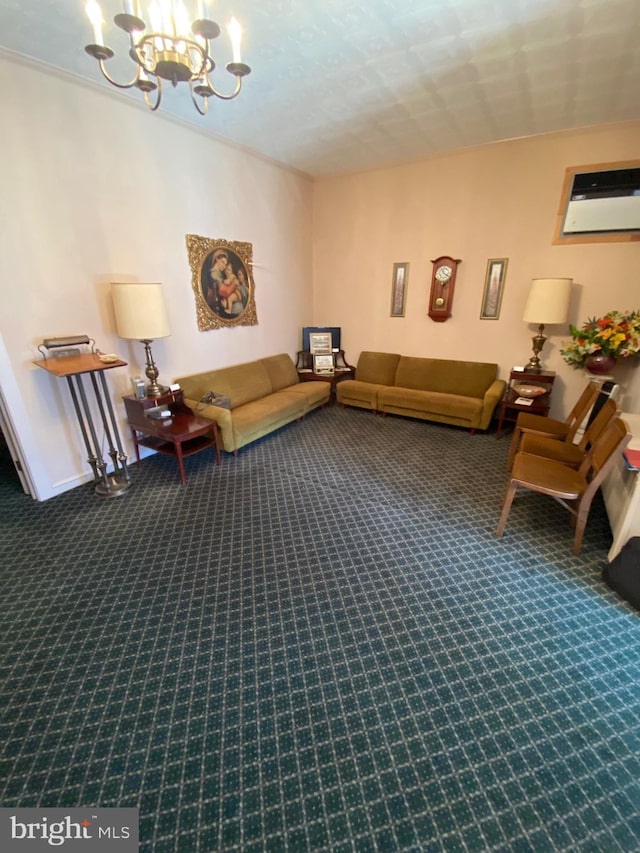 carpeted living room featuring a chandelier and a wall mounted air conditioner