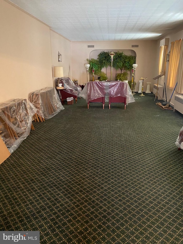 interior space featuring radiator heating unit and carpet floors