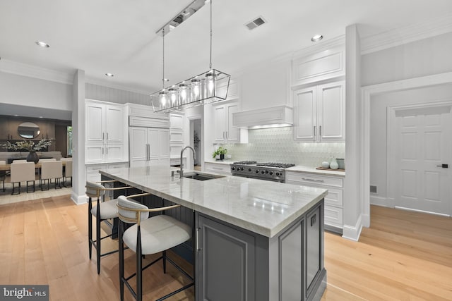 kitchen with light hardwood / wood-style floors, sink, crown molding, an island with sink, and premium appliances