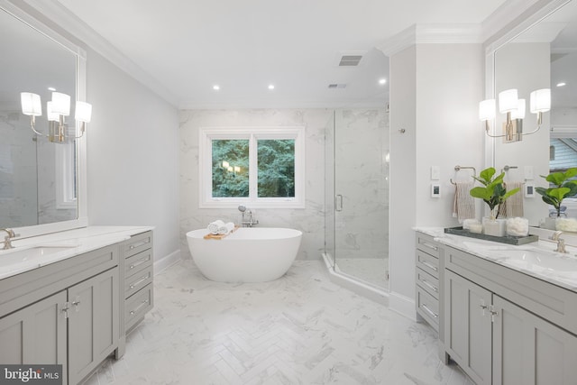 bathroom featuring crown molding, separate shower and tub, vanity, and tile patterned floors