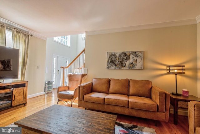 living room with crown molding and hardwood / wood-style flooring